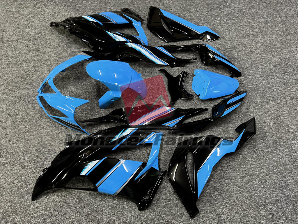 Kawasaki ZX6R custom ABS fairings 2013 - 2018 in Gloss Black with Sky Blue & White - durable replacement kit, Monster Fairings