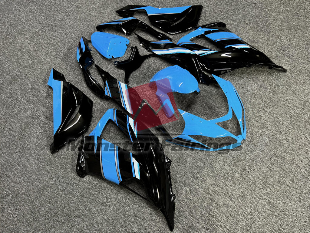 2013 - 2018 Kawasaki ZX6R Gloss Black with Sky Blue & White fairing set - ABS injection, custom painted by Monster Fairings