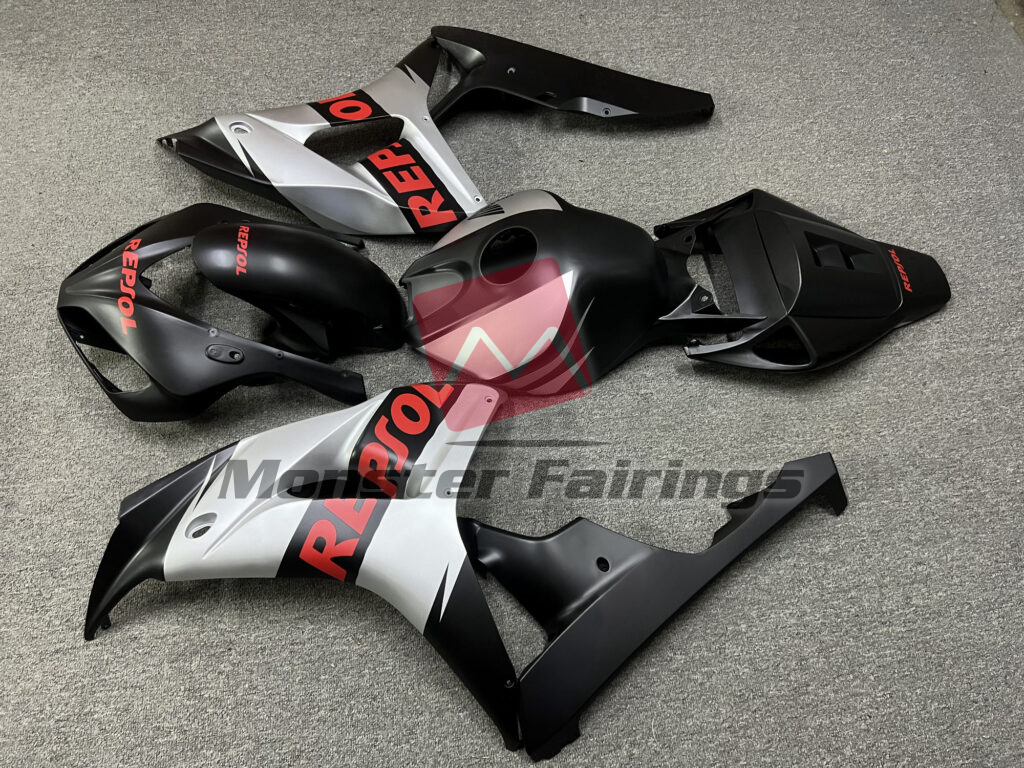 Honda CBR1000RR custom ABS fairings 2006 - 2007 in Matte Black & Silver Repsol - durable replacement kit, Monster Fairings