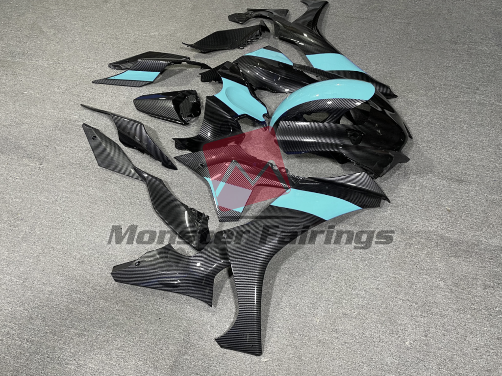 2020 - 2025 Yamaha R1 Carbon Fiber Style Mint Blue fairing set - ABS injection, custom painted by Monster Fairings