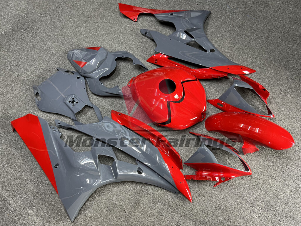 Yamaha R6 custom ABS fairings 2006 - 2007 in Gloss Nardo Gray and Red - durable replacement kit, Monster Fairings