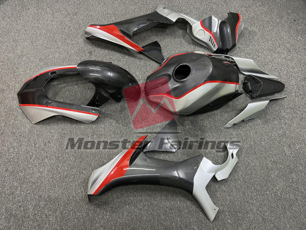 2015 - 2019 Yamaha R1 Carbon Fiber Style Nardo Gray & Red fairing set - ABS injection, custom painted by Monster Fairings