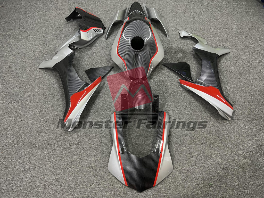 Yamaha R1 2015 - 2019 Carbon Fiber Style Nardo Gray & Red ABS fairings - custom motorcycle bodywork kit by Monster Fairings