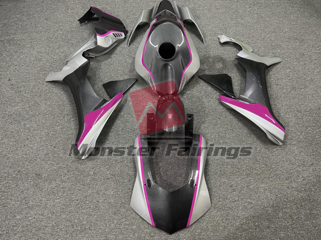 Yamaha R1 2015 - 2019 Carbon Fiber Style Nardo Gray & Pink ABS fairings - custom motorcycle bodywork kit by Monster Fairings