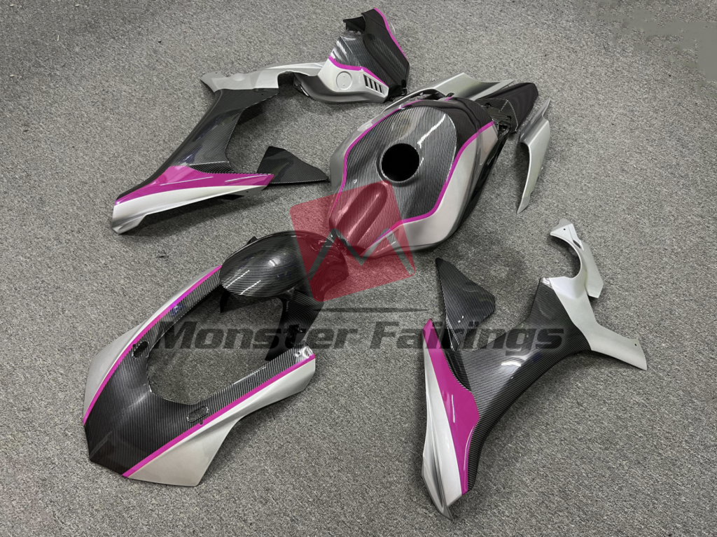 Yamaha R1 custom ABS fairings 2015 - 2019 in Carbon Fiber Style Nardo Gray & Pink - durable replacement kit, Monster Fairings