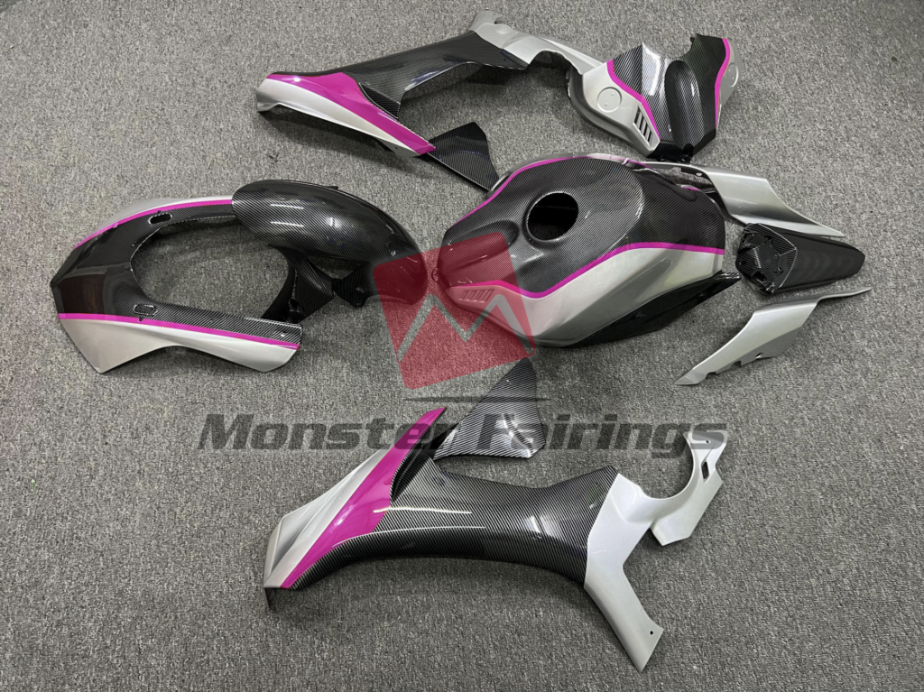 2015 - 2019 Yamaha R1 Carbon Fiber Style Nardo Gray & Pink fairing set - ABS injection, custom painted by Monster Fairings