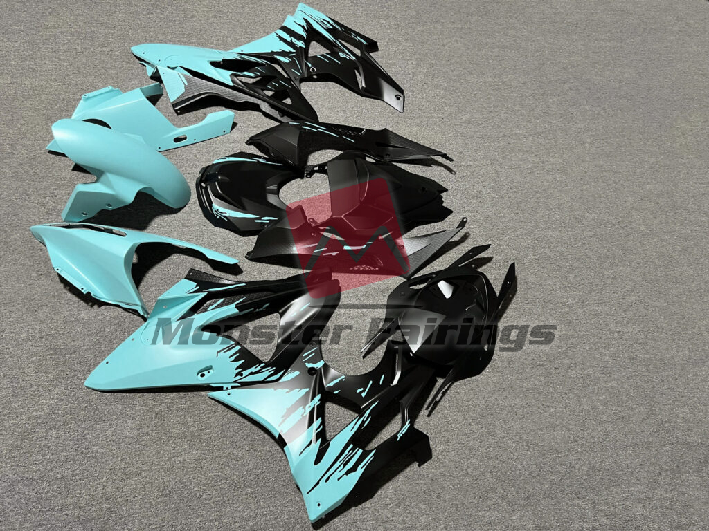 BMW S1000RR custom ABS fairings 2009 - 2014 in Matte Black & Baby Blue Splash - durable replacement kit, Monster Fairings