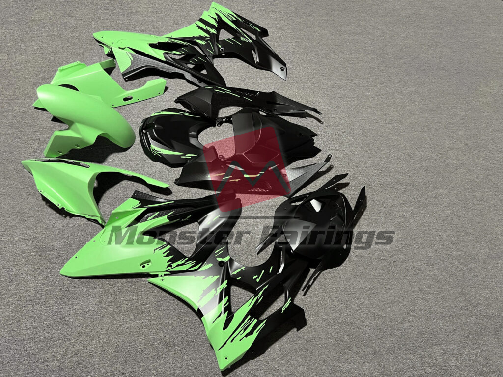 BMW S1000RR custom ABS fairings 2009 - 2014 in Matte Black & Green Splash - durable replacement kit, Monster Fairings