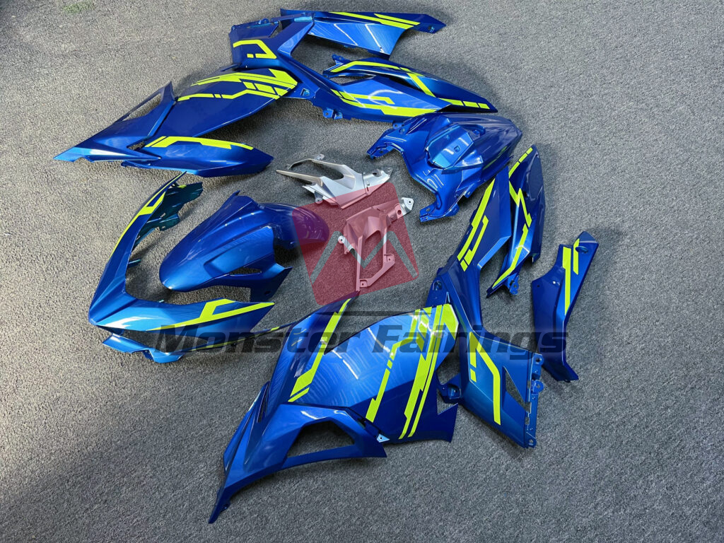 Kawasaki Ninja 400 custom ABS fairings 2018 - 2024 in Gloss Blue High Vis Yellow - durable replacement kit, Monster Fairings