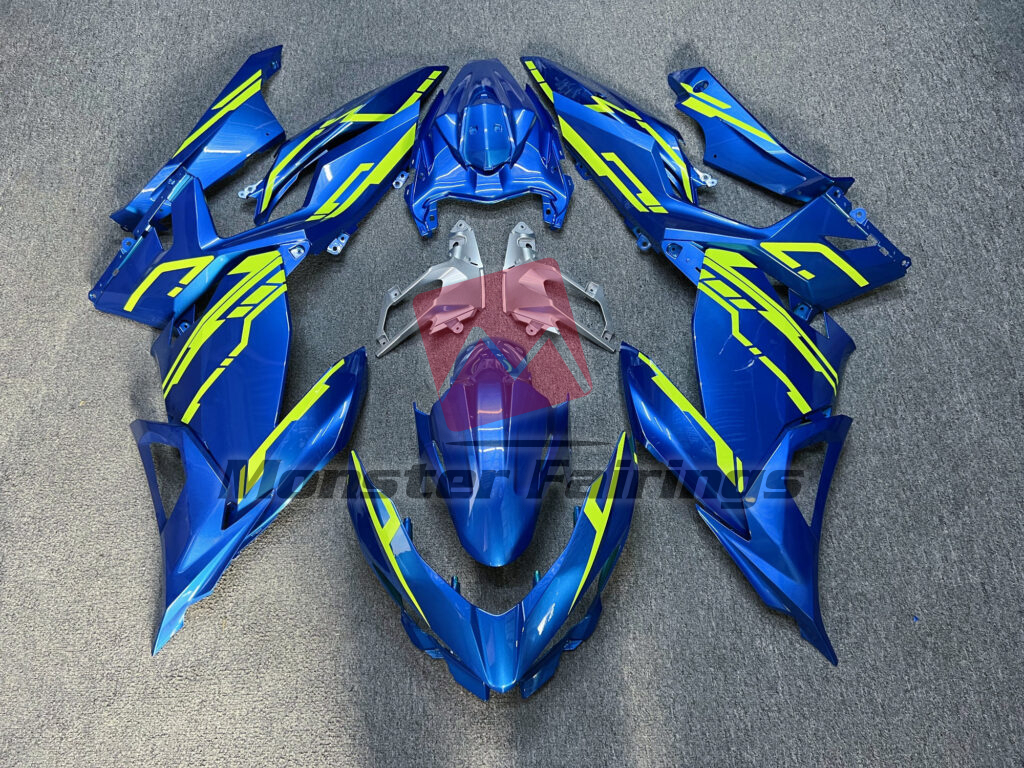 Kawasaki Ninja 400 2018 - 2024 Gloss Blue High Vis Yellow ABS fairings - custom motorcycle bodywork kit by Monster Fairings