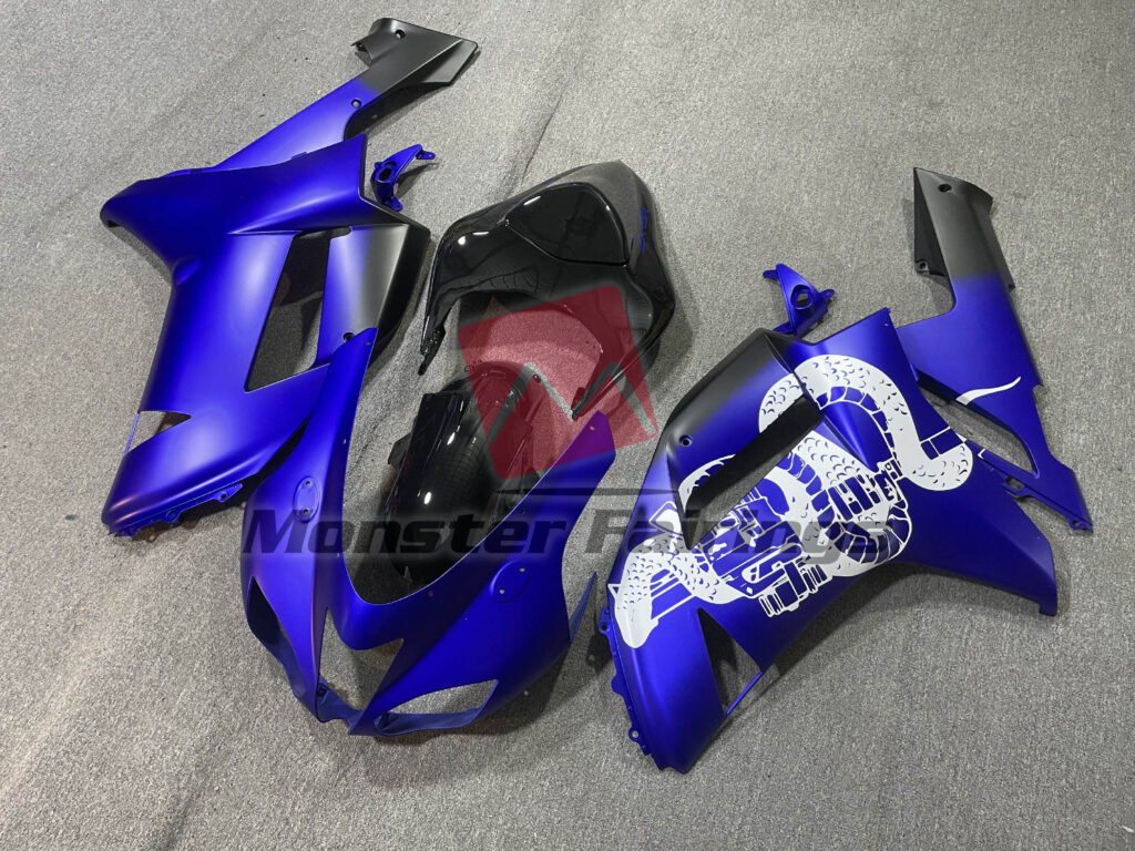 Kawasaki ZX6R custom ABS fairings 2007 - 2008 in Matte Blue Gloss Black - durable replacement kit, Monster Fairings