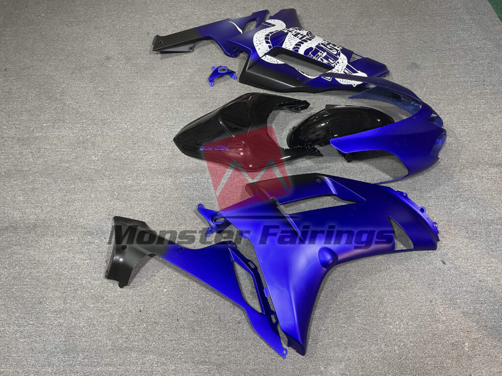 2007 - 2008 Kawasaki ZX6R Matte Blue Gloss Black fairing set - ABS injection, custom painted by Monster Fairings