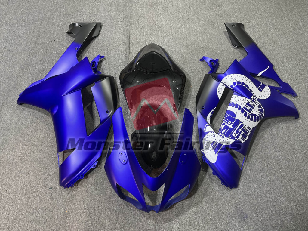 Kawasaki ZX6R 2007 - 2008 Matte Blue Gloss Black ABS fairings - custom motorcycle bodywork kit by Monster Fairings