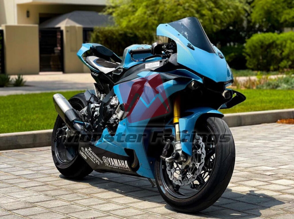 Monster Fairings ABS fairing kit for Yamaha R1 2015 - 2019 - Gloss Sky Blue Carbon Fiber Style, precise OEM fit