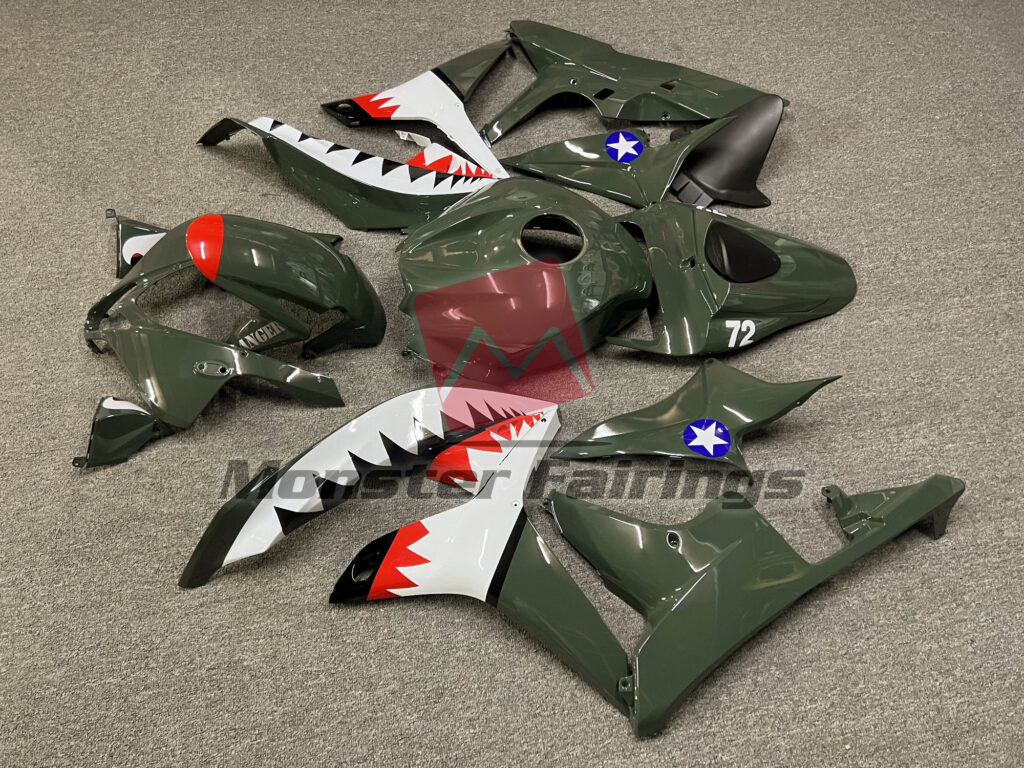 2007 - 2008 Honda CBR600RR Gloss Green Red Shark fairing set - ABS injection, custom painted by Monster Fairings