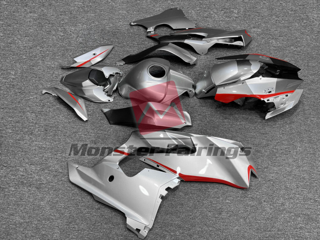 2021 - 2025 Kawasaki ZX10R Gloss Silver Red Accents fairing set - ABS injection, custom painted by Monster Fairings