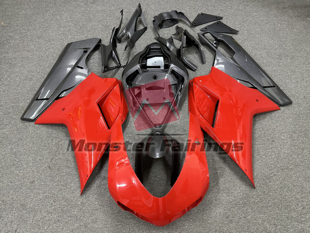 Ducati 848 1098 1198 2007 - 2012 Carbon Fiber Style Red ABS fairings - custom motorcycle bodywork kit by Monster Fairings