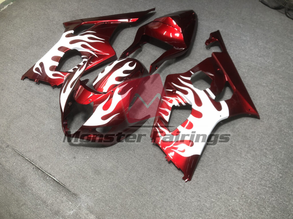 Suzuki GSXR custom ABS fairings 2003 - 2004 in Gloss Red White Flames - durable replacement kit, Monster Fairings