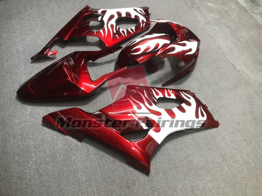 2003 - 2004 Suzuki GSXR Gloss Red White Flames fairing set - ABS injection, custom painted by Monster Fairings