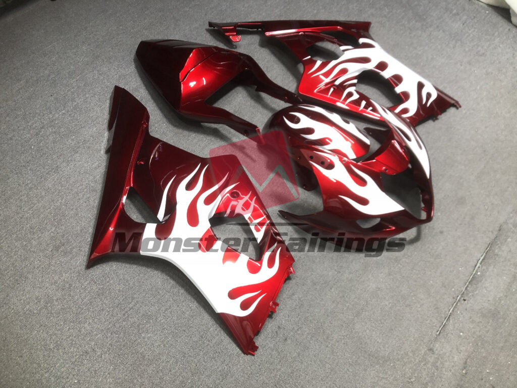Gloss Red White Flames ABS fairings for Suzuki GSXR 1000 2003 - 2004 - premium OEM fit kit by Monster Fairings