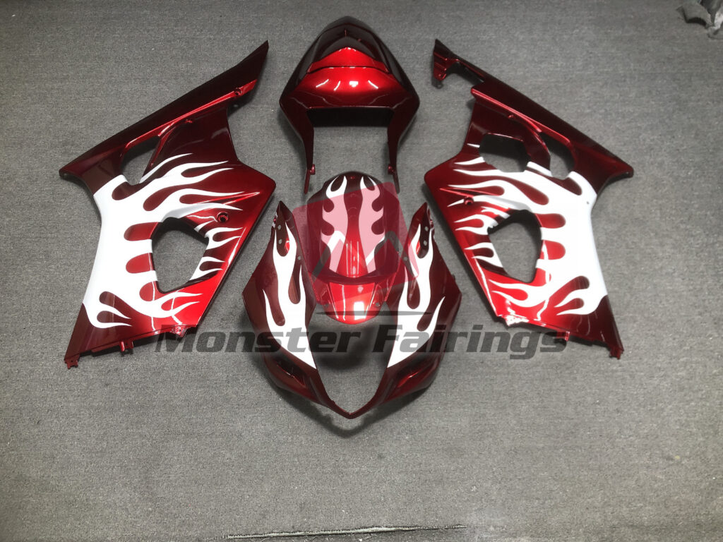 Suzuki GSXR 1000 2003 - 2004 Gloss Red White Flames ABS fairings - custom motorcycle bodywork kit by Monster Fairings