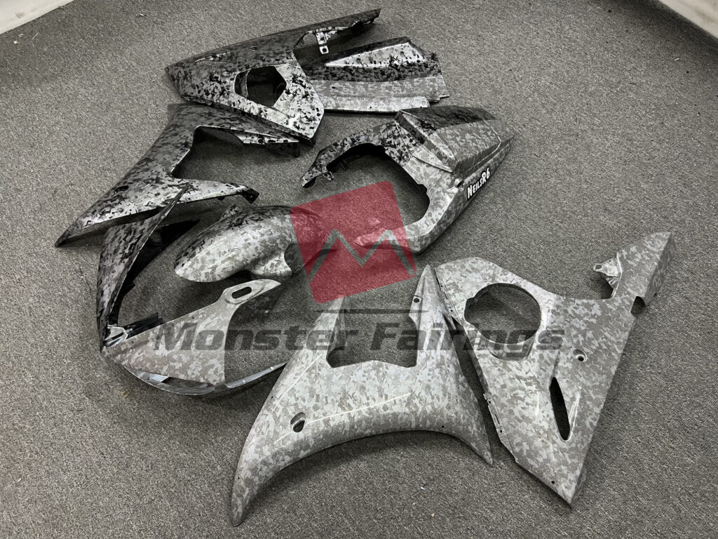 Yamaha R6 custom ABS fairings 2005 in Half Black White Forged Carbon Fiber Style - durable replacement kit, Monster Fairings