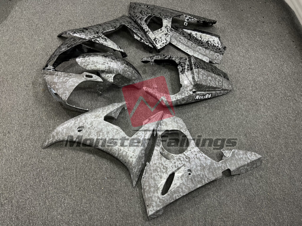 2005 Yamaha R6 Half Black White Forged Carbon Fiber Style fairing set - ABS injection, custom painted by Monster Fairings