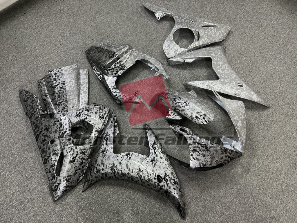 Half Black White Forged Carbon Fiber Style ABS fairings for Yamaha R6 2005 - premium OEM fit kit by Monster Fairings