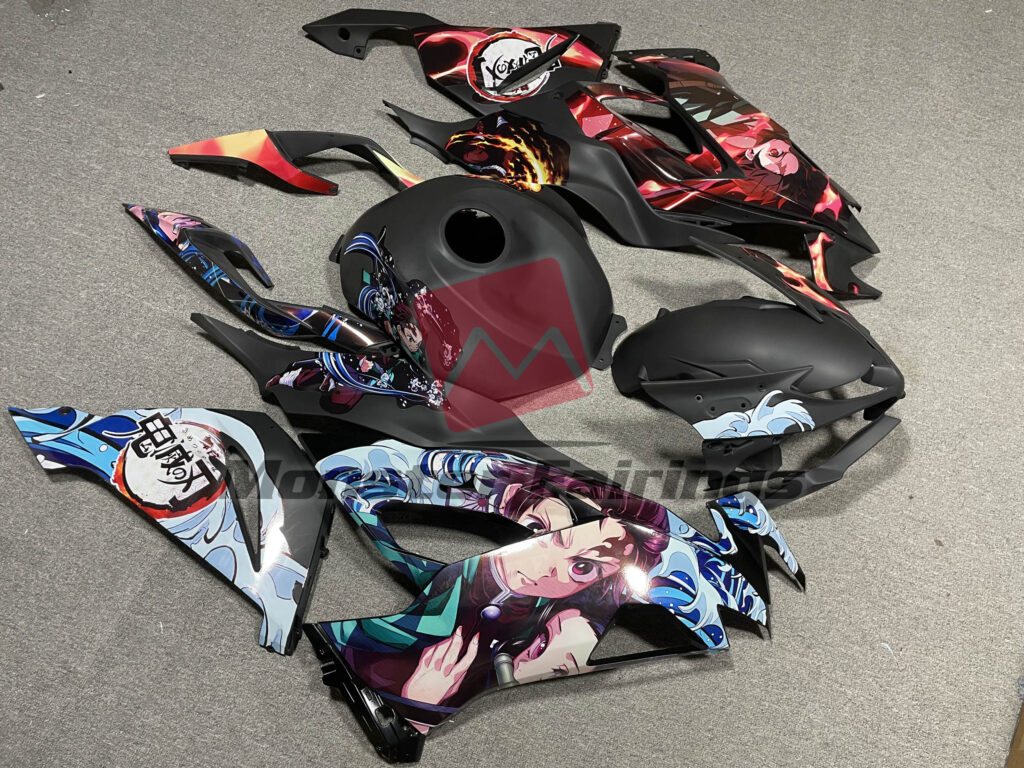 Kawasaki ZX6R custom ABS fairings 2019 - 2023 in Matte Black Demon Slayer - durable replacement kit, Monster Fairings