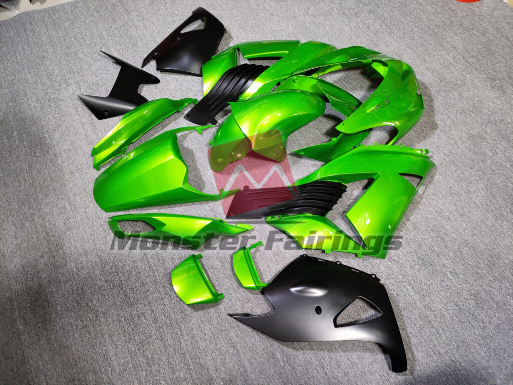 2006 - 2011 Kawasaki ZX14R Gloss Green Matte Black fairing set - ABS injection, custom painted by Monster Fairings
