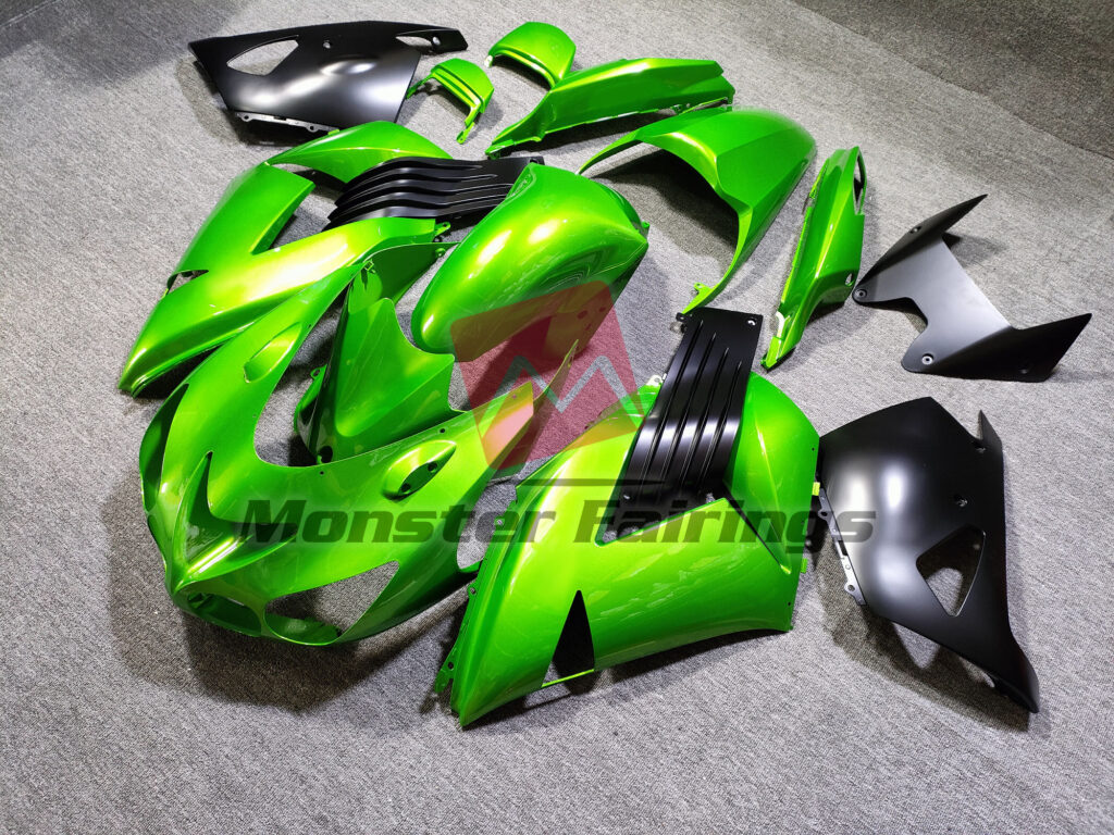 Kawasaki ZX14R custom ABS fairings 2006 - 2011 in Gloss Green Matte Black - durable replacement kit, Monster Fairings