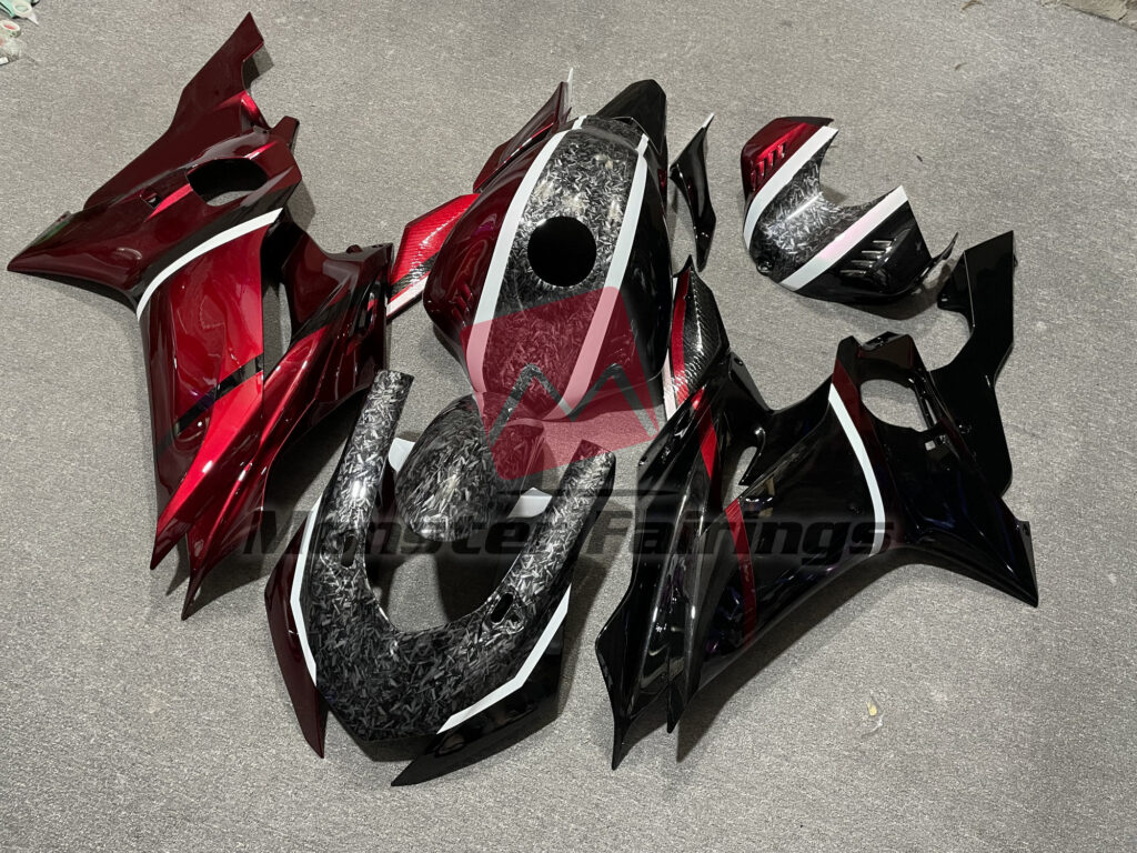 Yamaha R6 custom ABS fairings 2017 - 2022 in Pearl Candy Red Gloss Black Forged Carbon Style - durable replacement kit, Monster Fairings