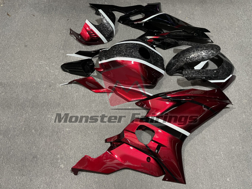 2017 - 2022 Yamaha R6 Pearl Candy Red Gloss Black Forged Carbon Style fairing set - ABS injection, custom painted by Monster Fairings