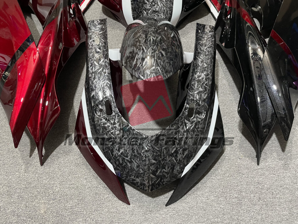 Monster Fairings ABS fairing kit for Yamaha R6 2017 - 2022 - Pearl Candy Red Gloss Black Forged Carbon Style, precise OEM fit