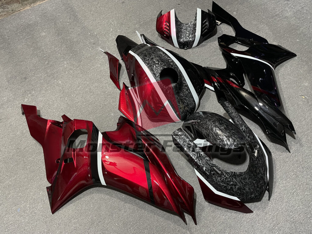 Pearl Candy Red Gloss Black Forged Carbon Style ABS fairings for Yamaha R6 2017 - 2022 - premium OEM fit kit by Monster Fairings