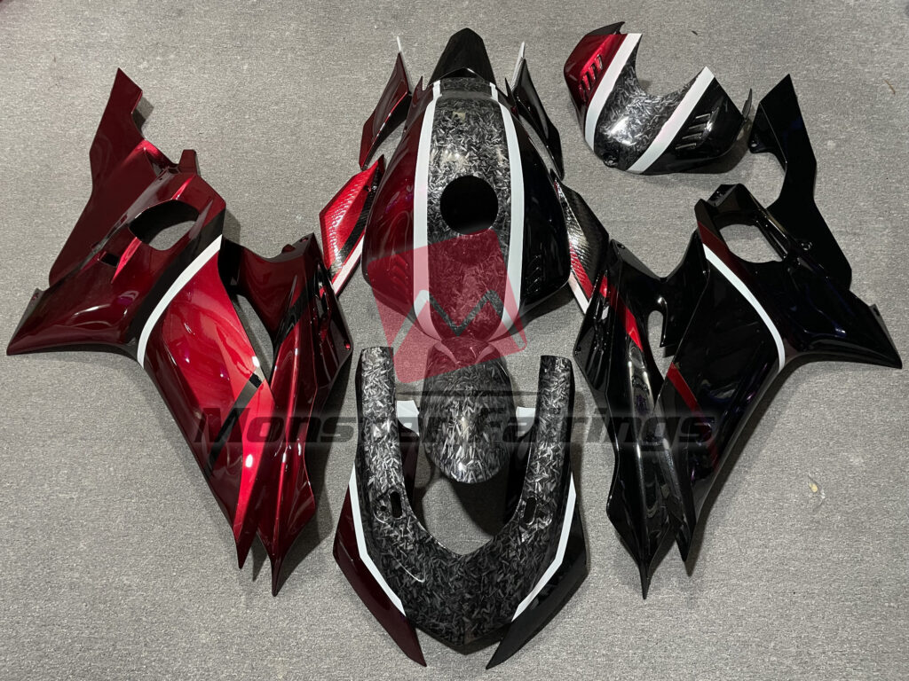 Yamaha R6 2017 - 2022 Pearl Candy Red Gloss Black Forged Carbon Style ABS fairings - custom motorcycle bodywork kit by Monster Fairings
