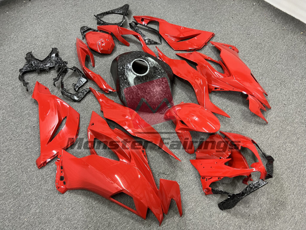 Gloss Red Forged Carbon Fiber Style ABS fairings for Kawasaki ZX6R 2019 - 2023 - premium OEM fit kit by Monster Fairings