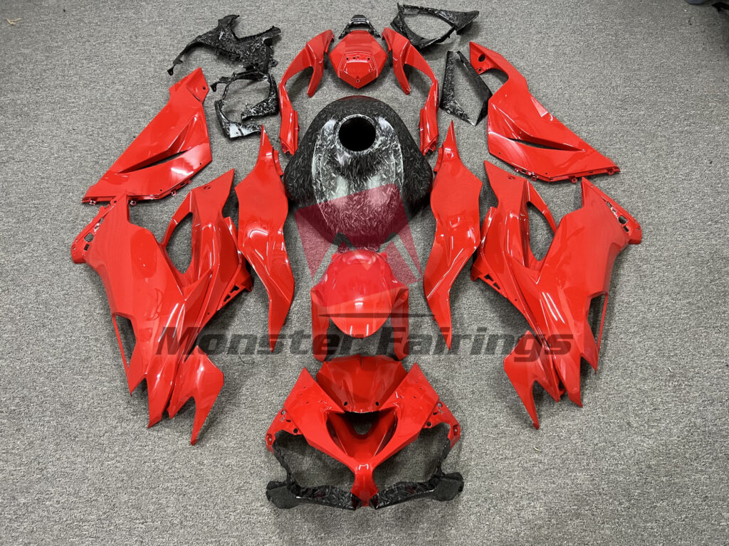 Kawasaki ZX6R 2019 - 2023 Gloss Red Forged Carbon Fiber Style ABS fairings - custom motorcycle bodywork kit by Monster Fairings