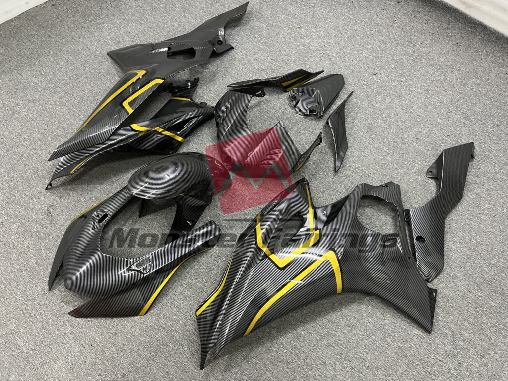Yamaha R6 custom ABS fairings 2017 - 2022 in Carbon Fiber Style Gold Trim - durable replacement kit, Monster Fairings