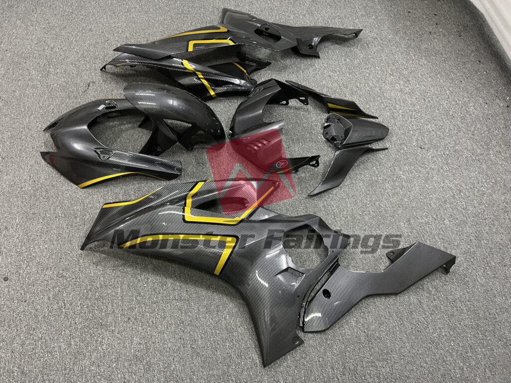 2017 - 2022 Yamaha R6 Carbon Fiber Style Gold Trim fairing set - ABS injection, custom painted by Monster Fairings