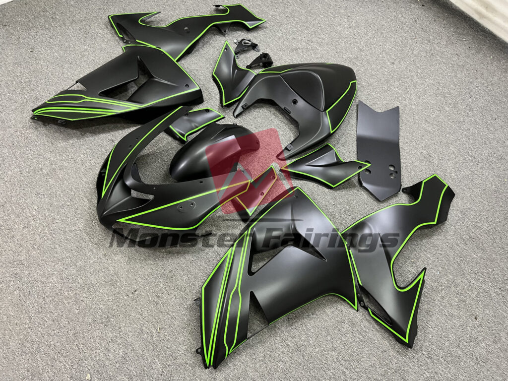 Kawasaki ZX10R custom ABS fairings 2006 - 2007 in Matte Black Green Lining - durable replacement kit, Monster Fairings