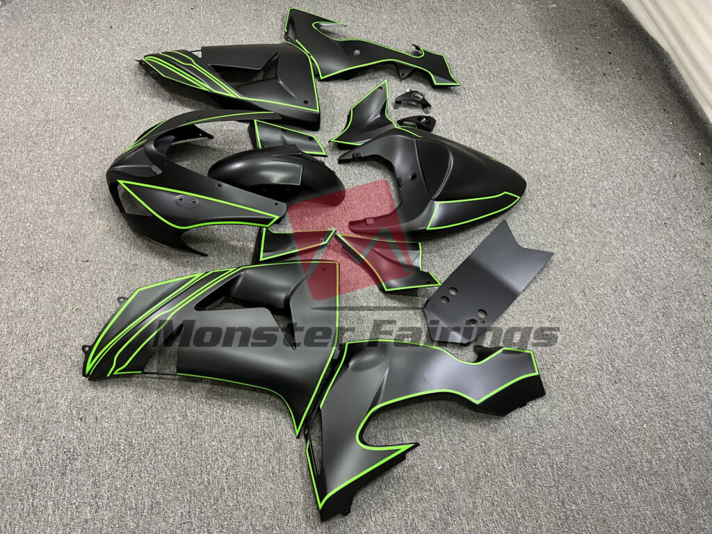 2006 - 2007 Kawasaki ZX10R Matte Black Green Lining fairing set - ABS injection, custom painted by Monster Fairings