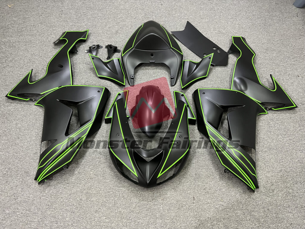 Kawasaki ZX10R 2006 - 2007 Matte Black Green Lining ABS fairings - custom motorcycle bodywork kit by Monster Fairings