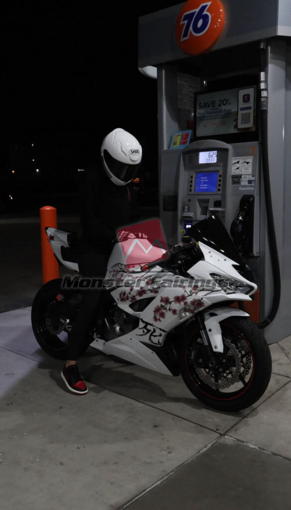 Monster Fairings ABS fairing kit for Kawasaki ZX6R 2019 - 2023 - Matte Black & White Cherry Blossom Split, precise OEM fit