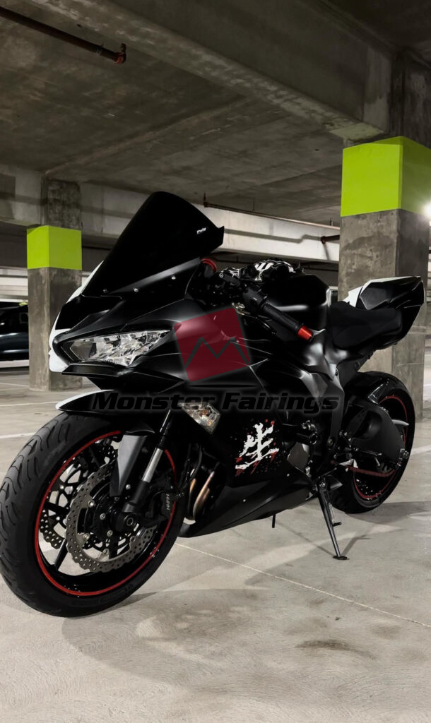 Kawasaki ZX6R 2019 - 2023 ABS fairings, Matte Black & White Cherry Blossom Split - high - quality motorcycle kit by Monster Fairings