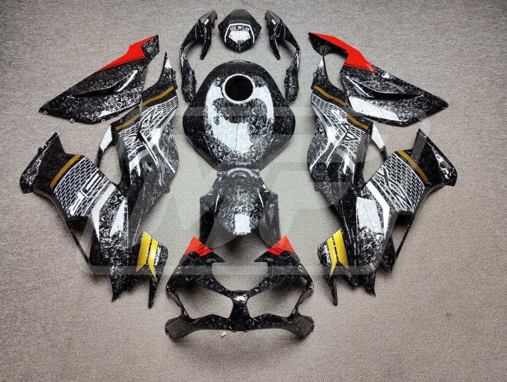 Kawasaki ZX6R 2019 - 2023 Forged Carbon Fiber Style Red & Gold Trim ABS fairings - custom motorcycle bodywork kit by Monster Fairings