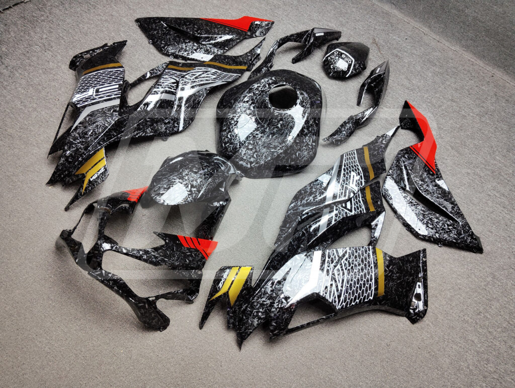 Forged Carbon Fiber Style Red & Gold Trim ABS fairings for Kawasaki ZX6R 2019 - 2023 - premium OEM fit kit by Monster Fairings
