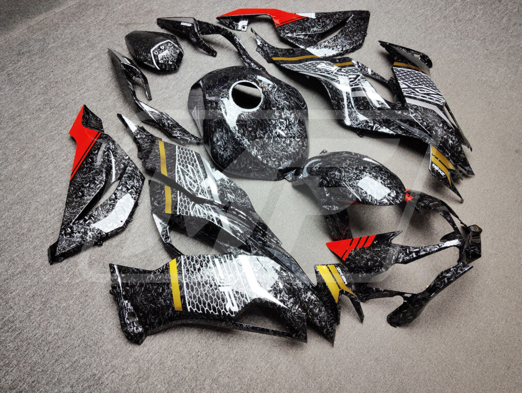 Kawasaki ZX6R custom ABS fairings 2019 - 2023 in Forged Carbon Fiber Style Red & Gold Trim - durable replacement kit, Monster Fairings