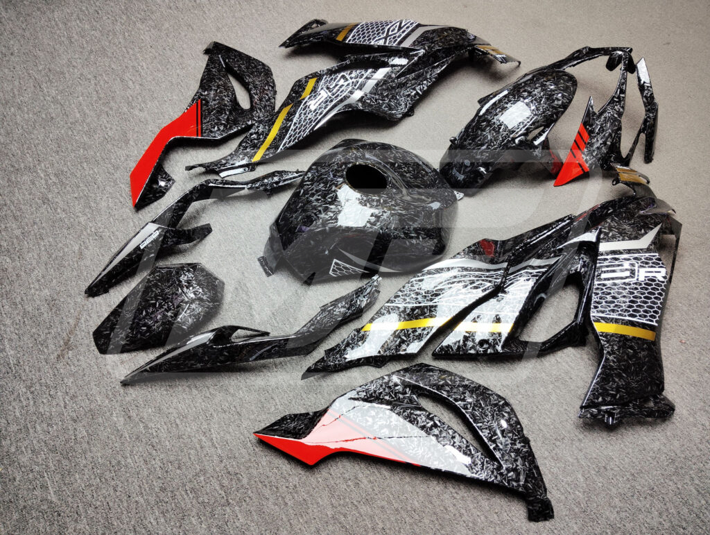 2019 - 2023 Kawasaki ZX6R Forged Carbon Fiber Style Red & Gold Trim fairing set - ABS injection, custom painted by Monster Fairings