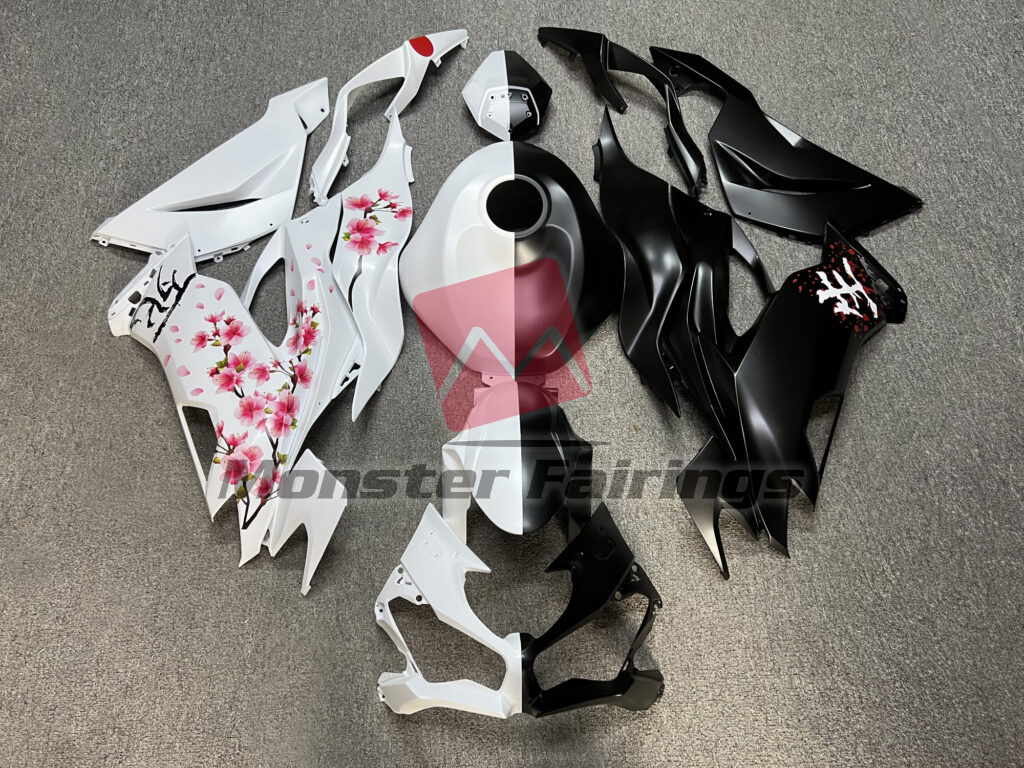 Kawasaki ZX6R 2019 - 2023 Matte Black & White Cherry Blossom Split ABS fairings - custom motorcycle bodywork kit by Monster Fairings